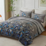 Grey Blue Floral Garden Bedspread Coverlet 3 Piece Set