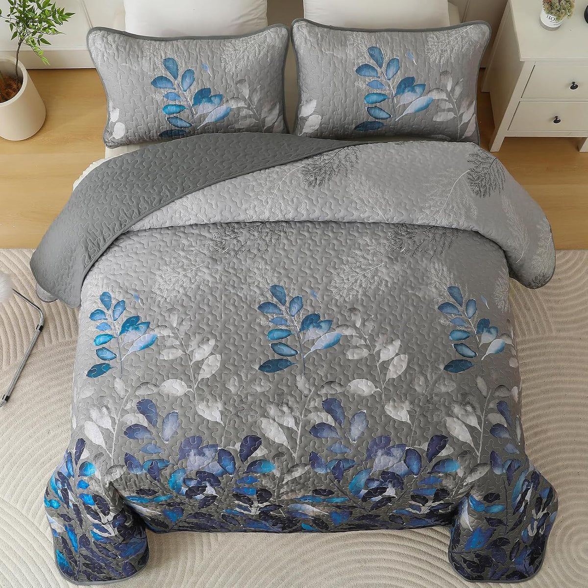 Grey Blue Floral Garden Bedspread Coverlet 3 Piece Set