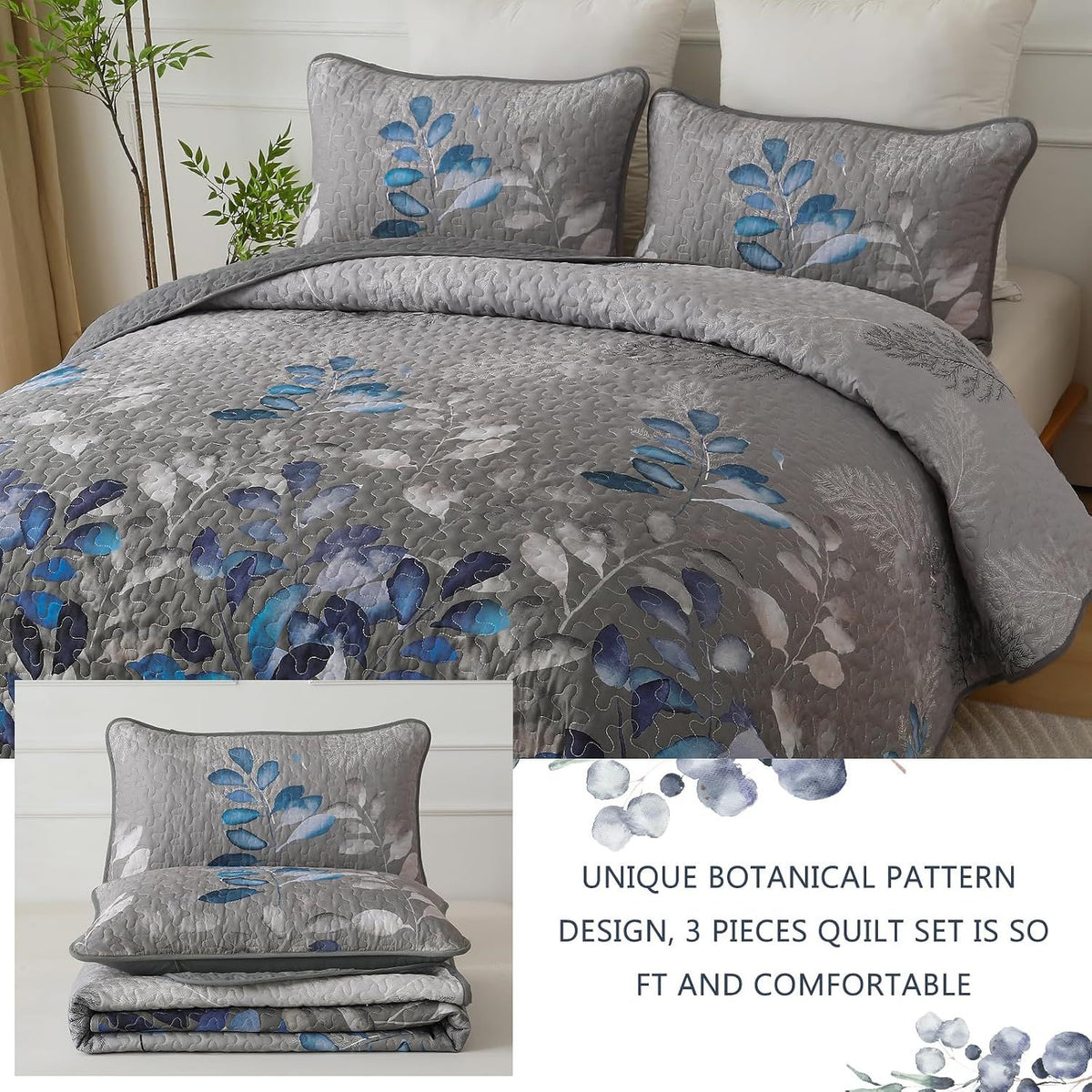 Grey Blue Floral Garden Bedspread Coverlet 3 Piece Set