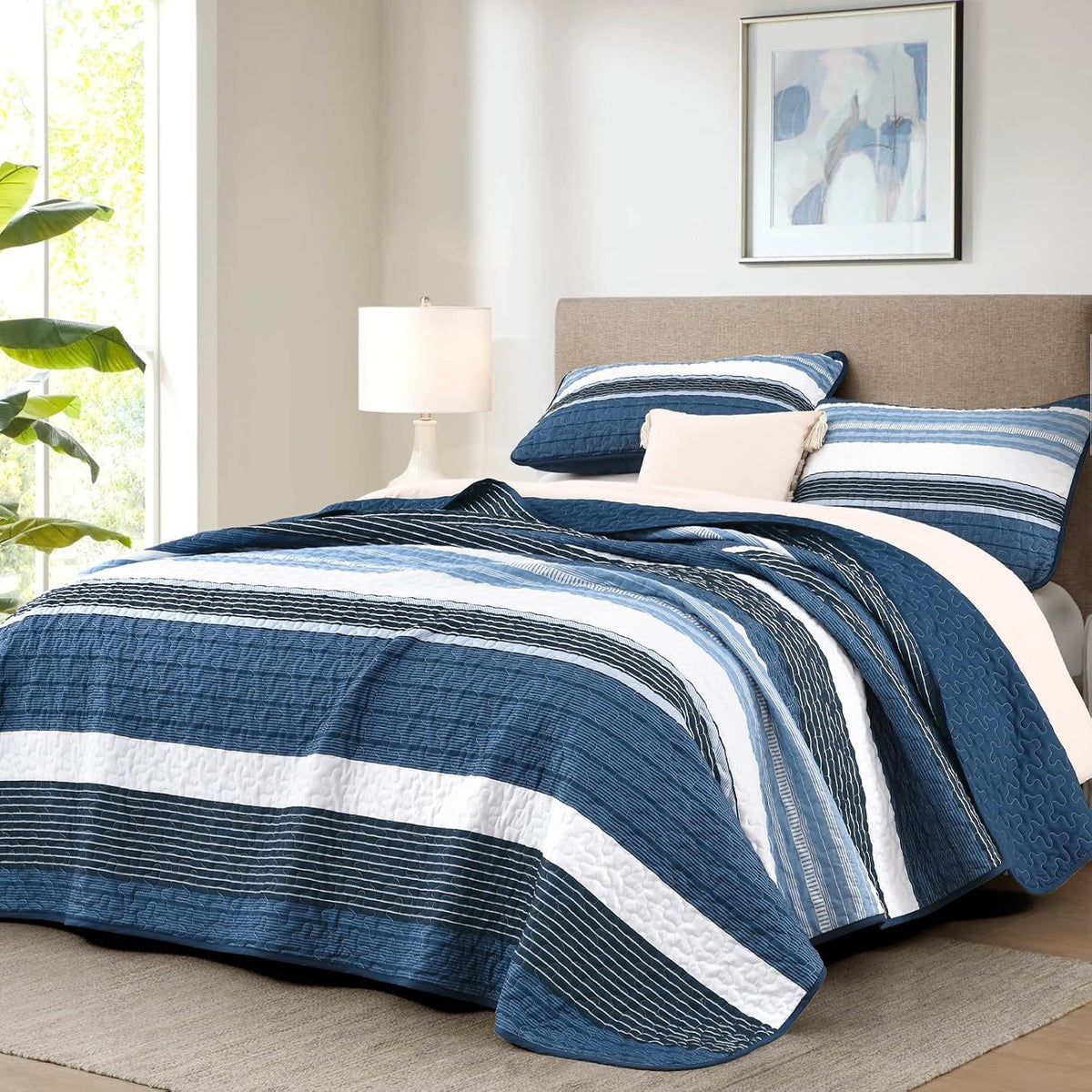 Blue Stripe Patchwork Mosaic Bedspread Coverlet 3 Piece Set