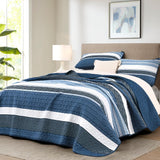 Blue Stripe Patchwork Mosaic Bedspread Coverlet 3 Piece Set