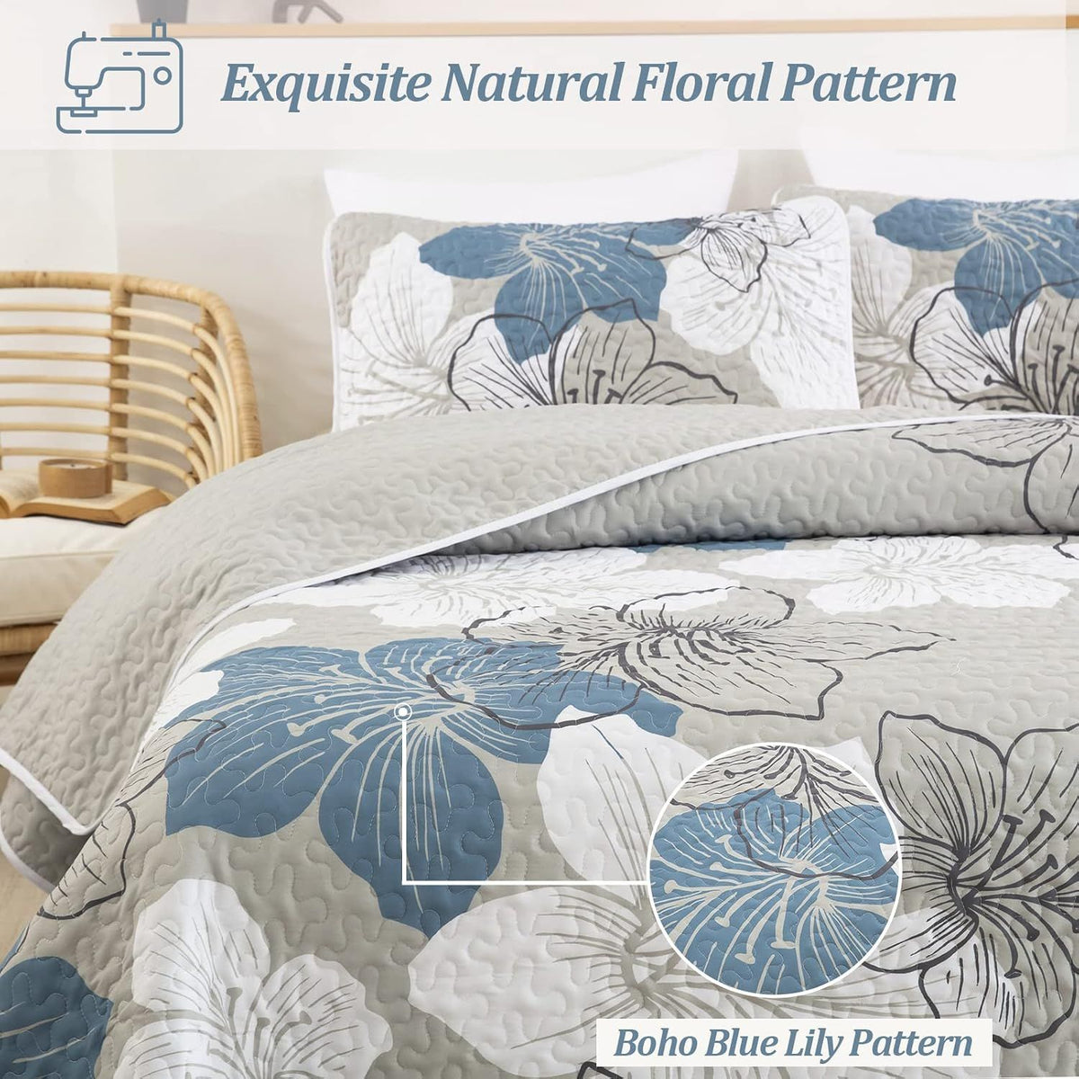 Blue Floral Boho Dream Bedspread Coverlet 3 Piece Set