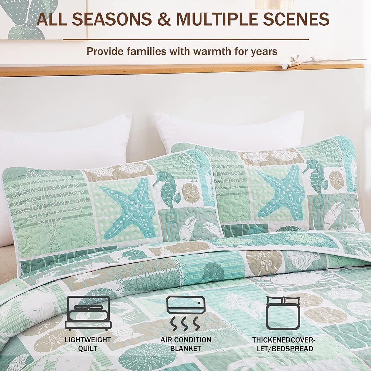 Green Coastal Haven Bedspread Coverlet 3 Piece Set