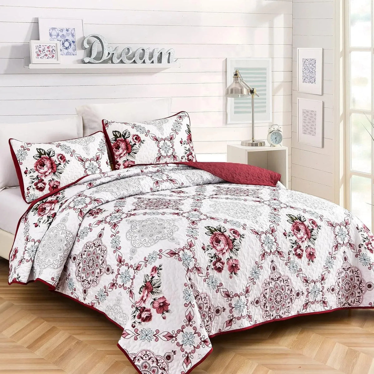 White Red Bohemian Floral Bedspread Coverlet 3 Piece Set