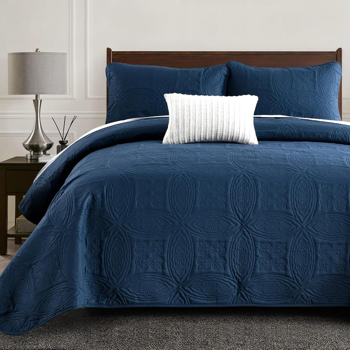 Navy Blue Embossed Haven Bedspread Coverlet 3 Piece Set
