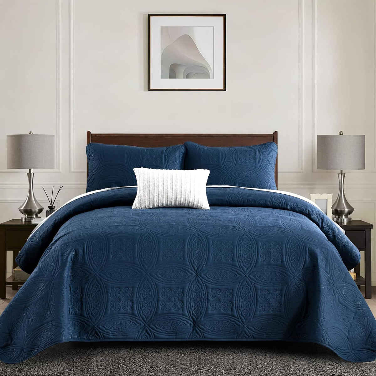 Navy Blue Embossed Haven Bedspread Coverlet 3 Piece Set