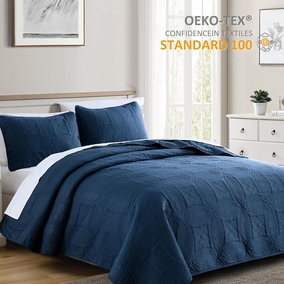 Navy Blue Embossed Haven Bedspread Coverlet 3 Piece Set