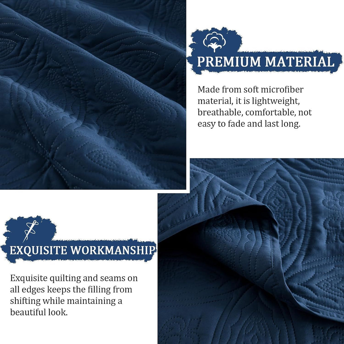 Navy Blue Embossed Haven Bedspread Coverlet 3 Piece Set