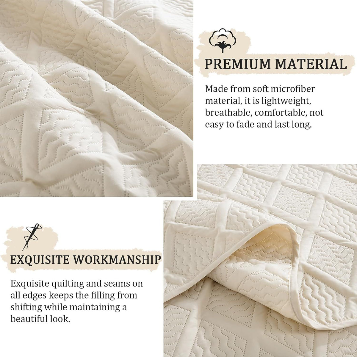 Beige Quilted Royale Bedspread Coverlet 3 Piece Set