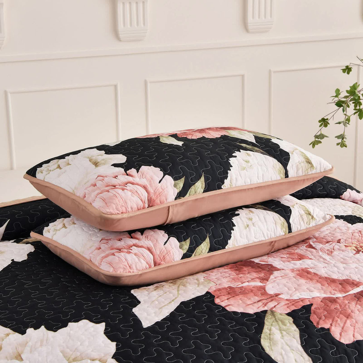 Blossom Trio Quilted Coverlet Set with Pillowcases (Black, Red & Pink