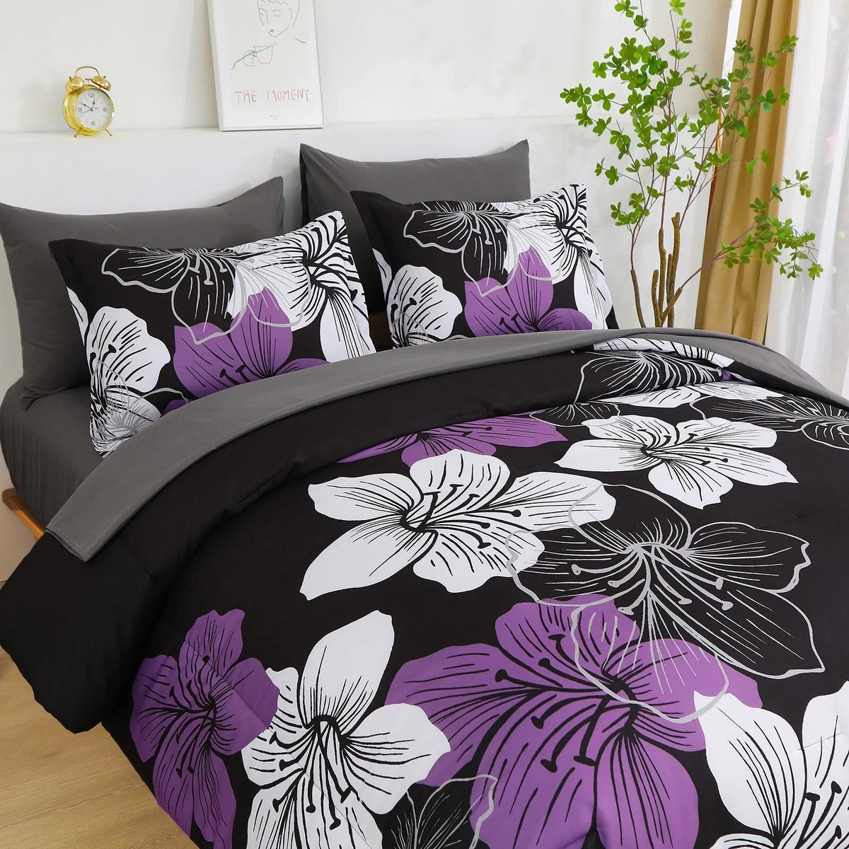 Black Purple Hibiscus Bloom Comforter Quilted Doona Set
