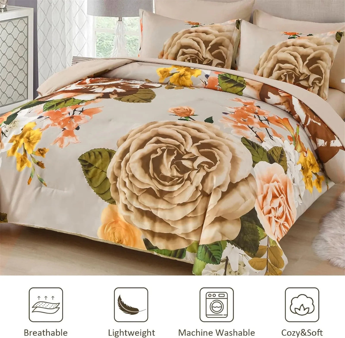 Cream Golden Rose Meadow Comforter Quilted Doona Set