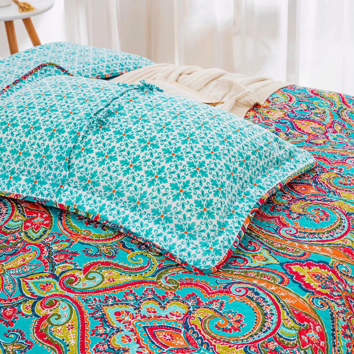 100% Cotton Aqua Coral Paisley Bloom Coverlet Bedspread Set