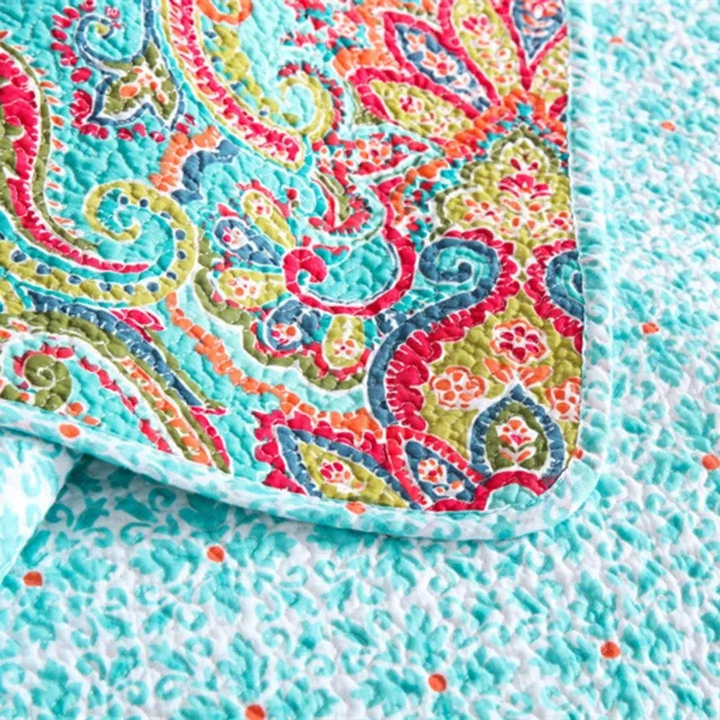 100% Cotton Aqua Coral Paisley Bloom Coverlet Bedspread Set
