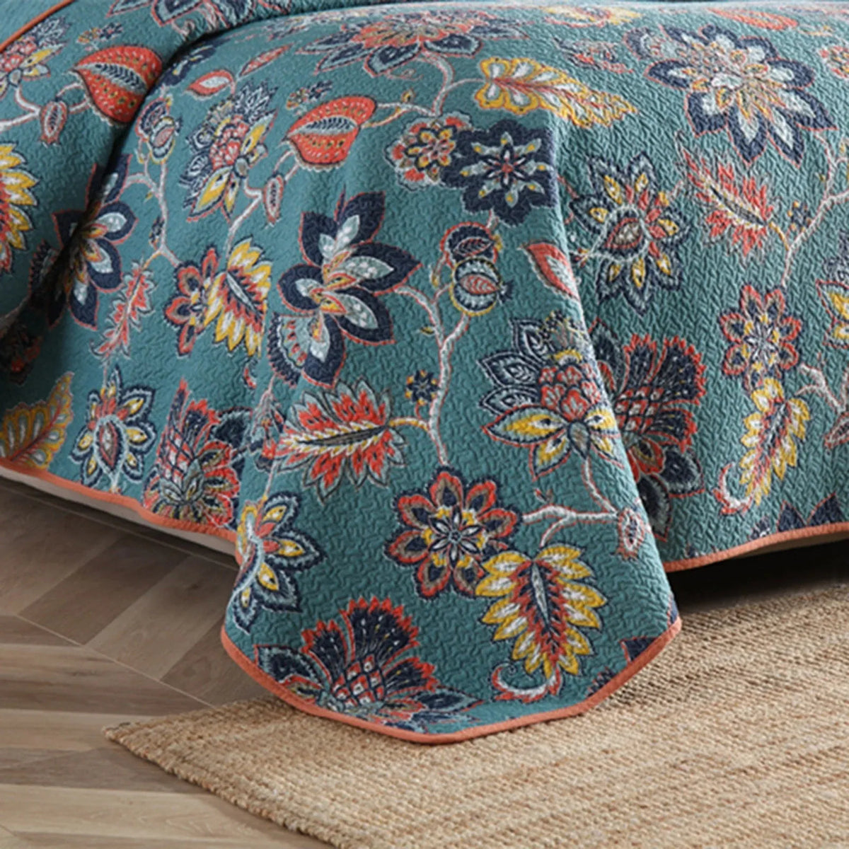 100% Cotton Teal Floralia Garden Coverlet Bedspread Set