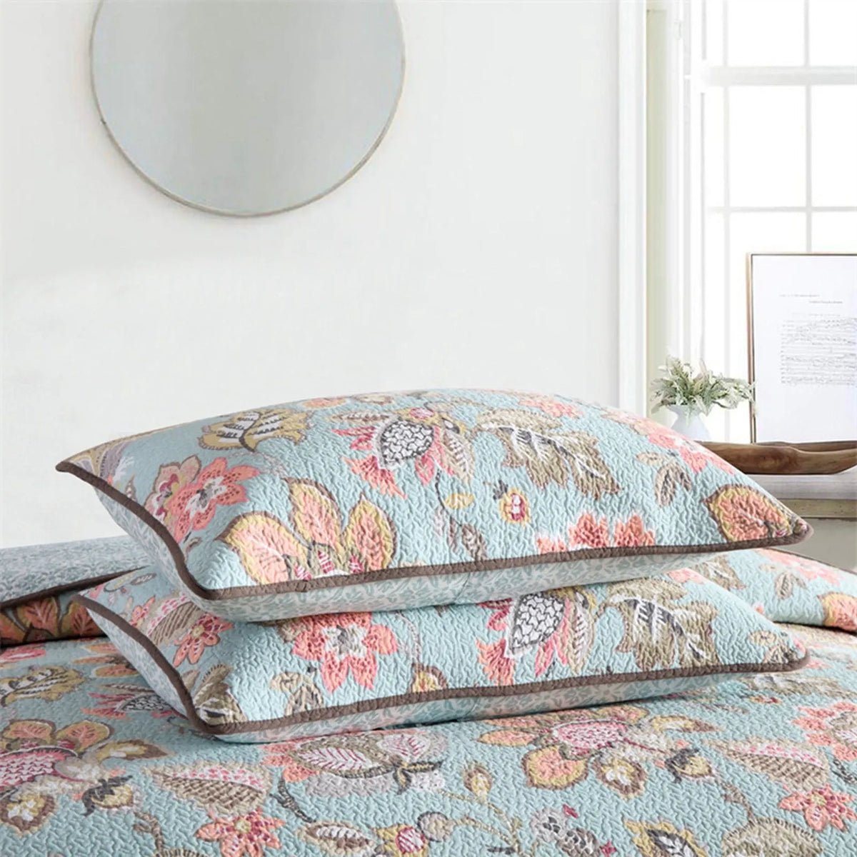 100% Cotton Blush Aqua Rosehaven Coverlet Bedspread Set