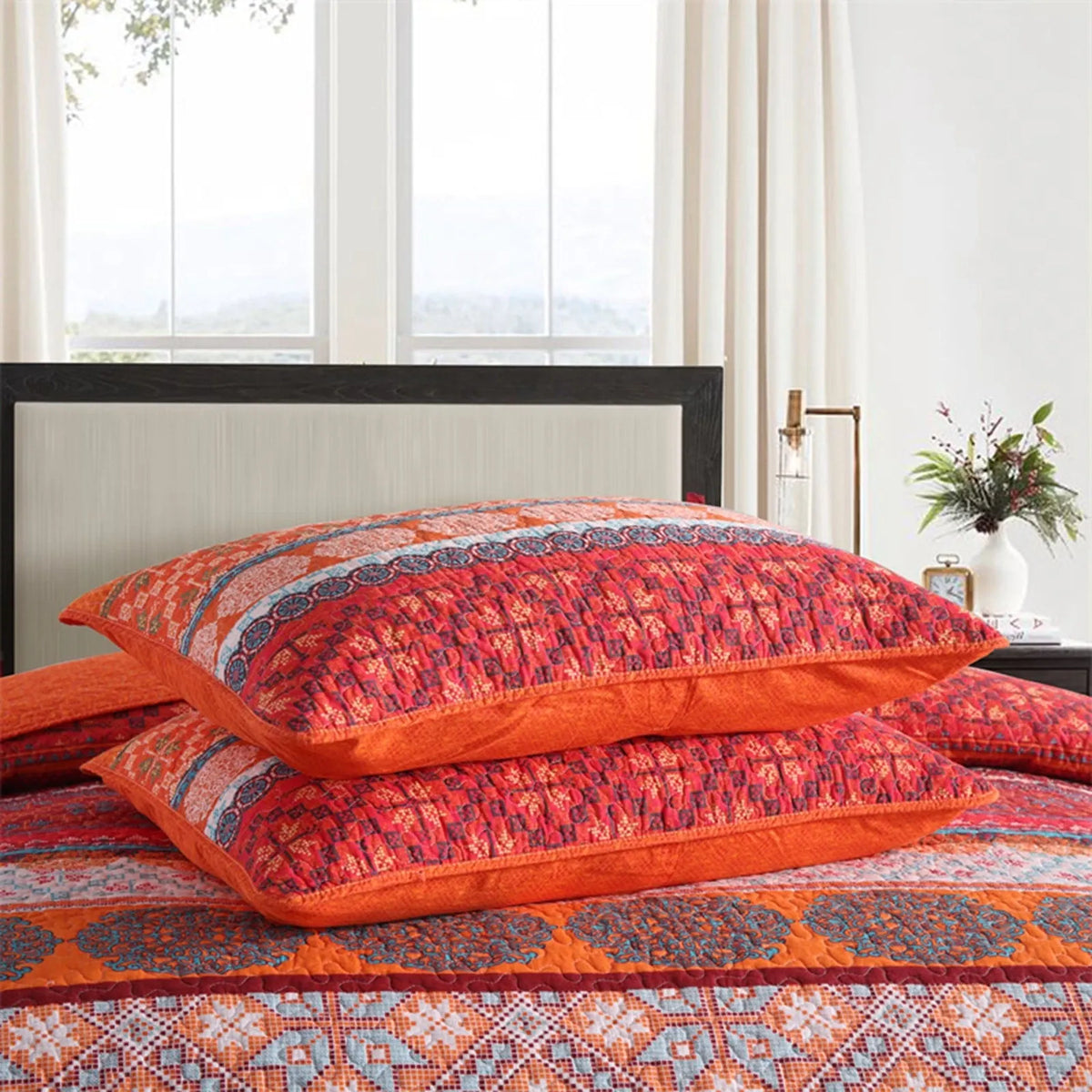 100% Cotton Rust Sapphire Boho Floral Coverlet Bedspread Set