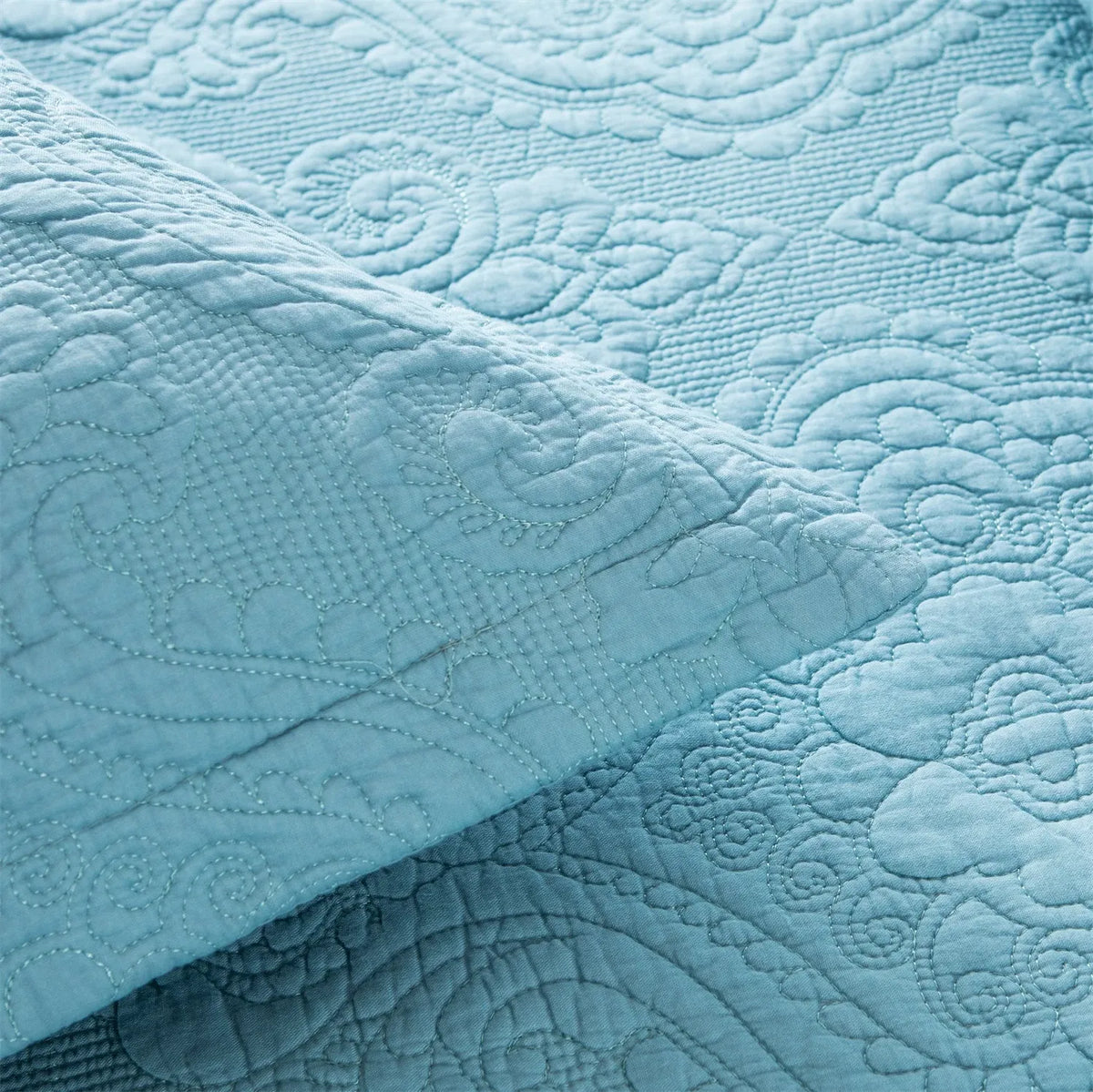 100% Cotton Embossed Sky Blue Bloom Coverlet Bedspread Set