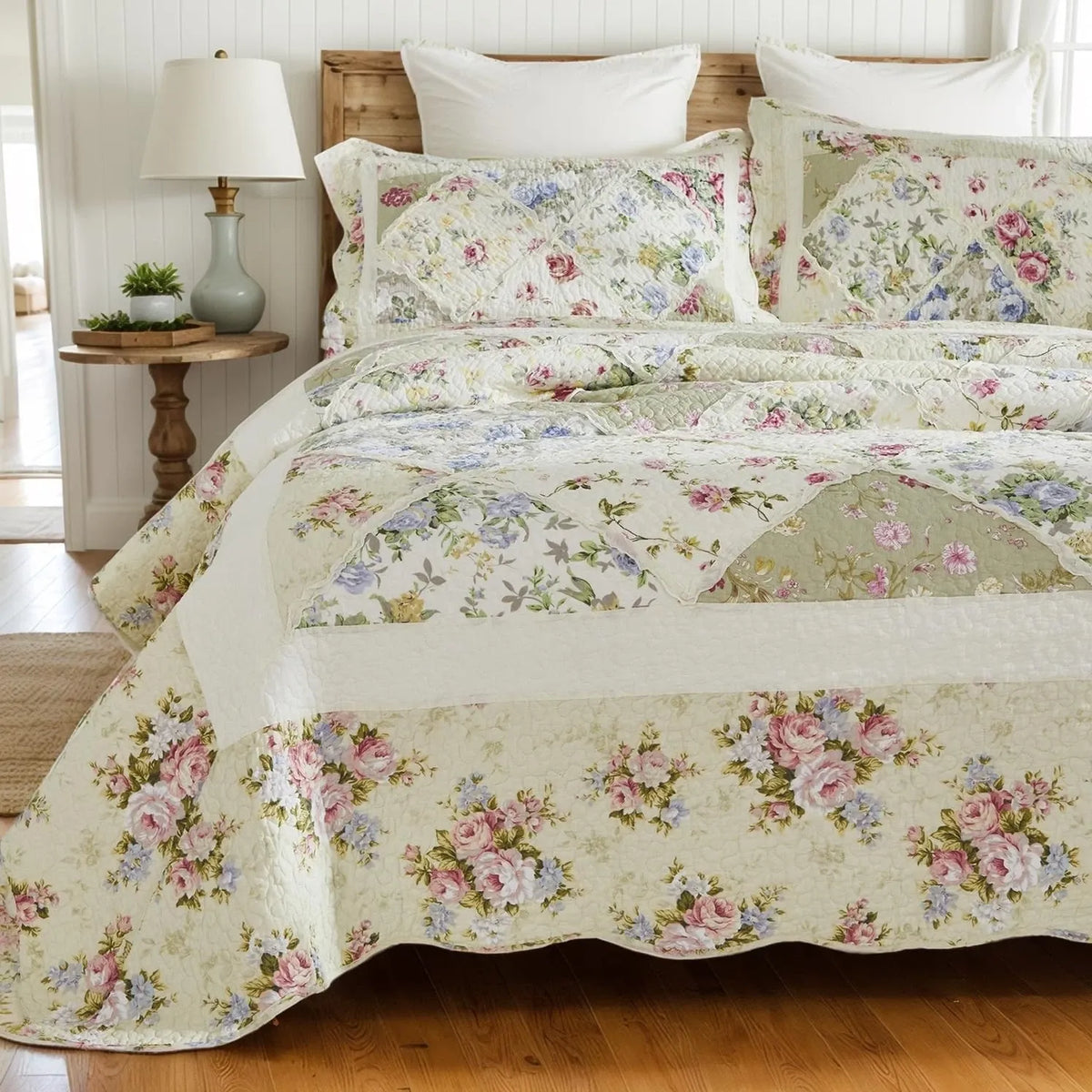 100% Cotton Ivory Cottage Rose Coverlet Bedspread Set