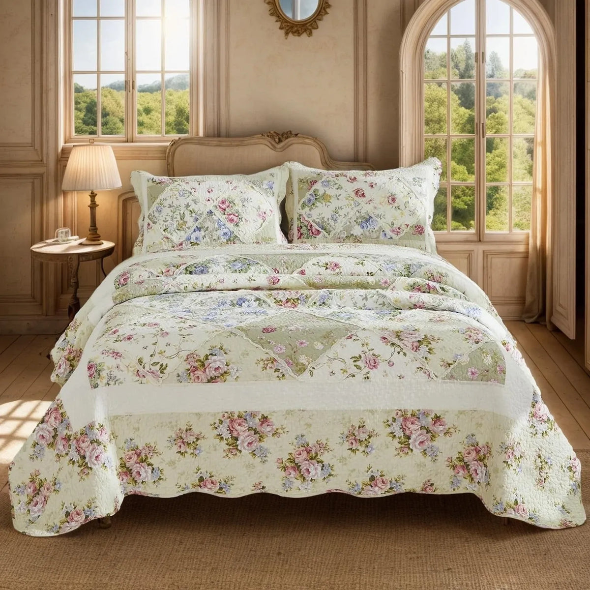 100% Cotton Ivory Cottage Rose Coverlet Bedspread Set