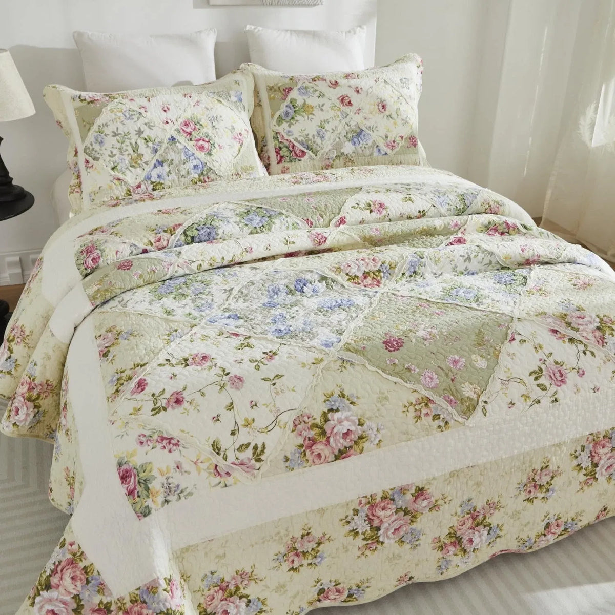 100% Cotton Ivory Cottage Rose Coverlet Bedspread Set