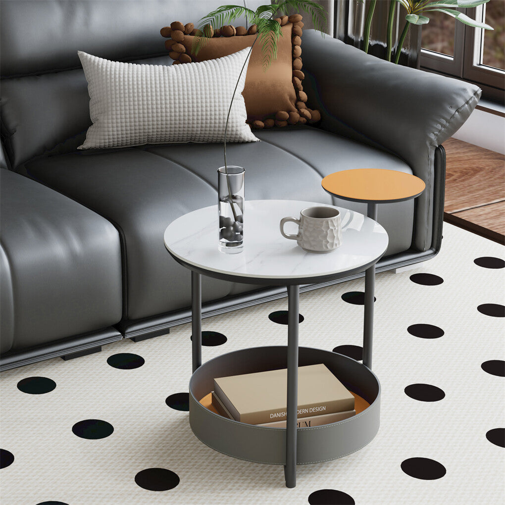 Luxury Marble Top End Table Microfiber Leather Accent Bedside Table Living Room