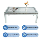 Silver Mirrored Coffee Table with Crushed Crystal Diamond Inlay Rectangular Center Table for Living Room