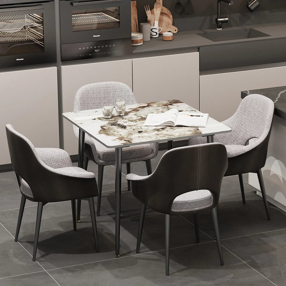 Glossy White Sintered Stone Dining Table With Black Metal Base Frame