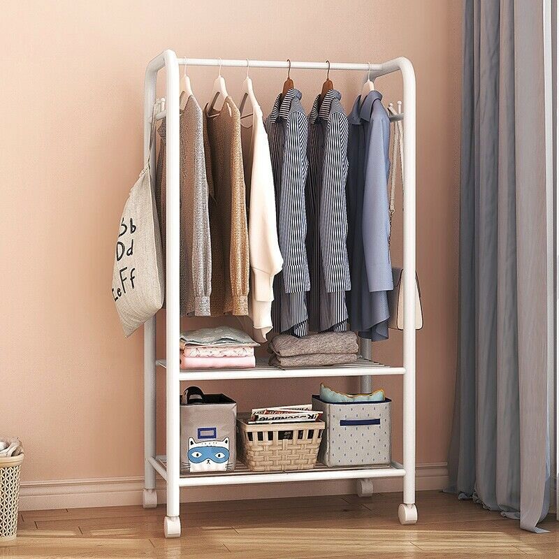 2Tier Rolling Free-Standing Clothing Garment Rack Closet Organizer Open Wardrobe