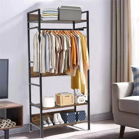 Rustic Wooden Clothes Garment Rail Open Hanging Display Shelf Shoe Rack Entryway