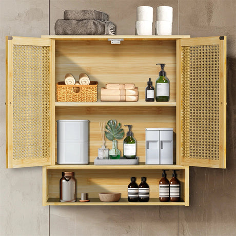 3 Tier Bathroom Wall Cabinet Rattan Door Bamboo Storage Shelf Over Toilet Cupboard Organizer