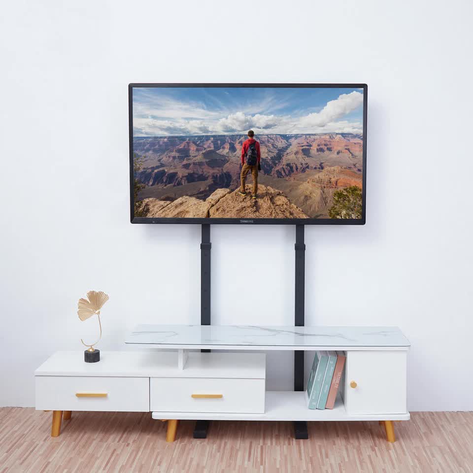 Double Pole Adjustable Tv Cart Floor Stand Mount For 32 to 65Inch