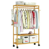 169cm Mildrew-proof Bamboo Clothes Shelves Stand On Wheels Coat Shoes Bags Rack