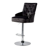 Luxury Black Velvet Swivel Bar Stool With Lion Knocker & Cross Stitch High Back