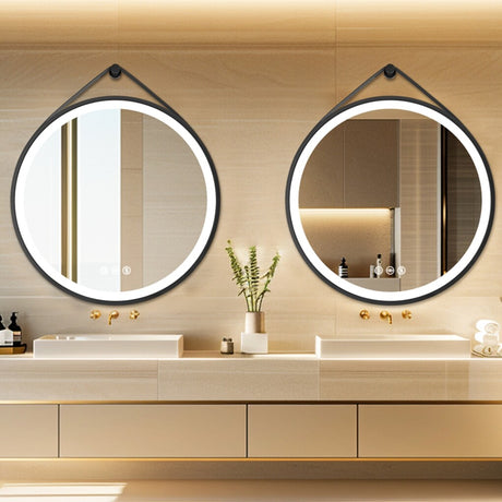Round 700mm LED Bathroom Mirror with Leather Strap - Anti-Fog Dimmable Backlit Vanity Mirror - Wall Hanging Lighted Mirror