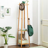 3 Layer 8 Hooks Shelf Clothes Coat Hat Rack Tree Stand Bamboo Hanger Organizer