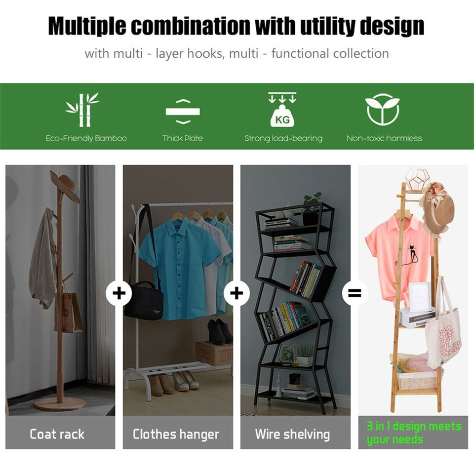 3 Layer 8 Hooks Shelf Clothes Coat Hat Rack Tree Stand Bamboo Hanger Organizer