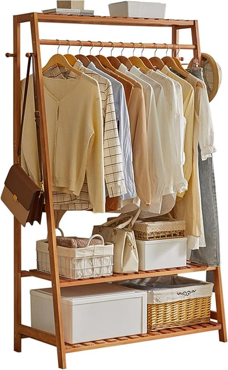 Bamboo Clothes Hanging Garment Rack Portable Laundry Rack Closet Storage Shelves