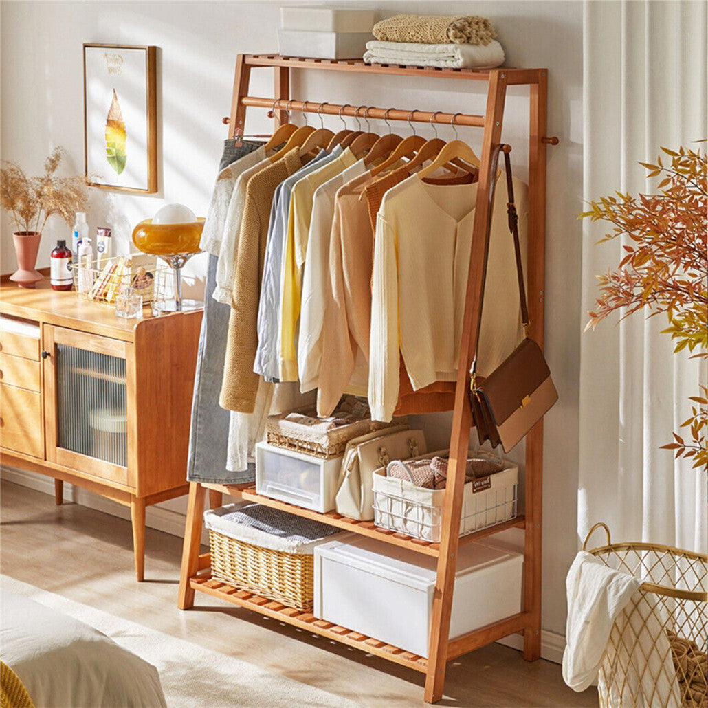 Bamboo Clothes Hanging Garment Rack Portable Laundry Rack Closet Storage Shelves