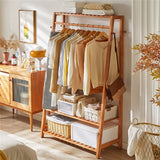 Bamboo Clothes Hanging Garment Rack Portable Laundry Rack Closet Storage Shelves