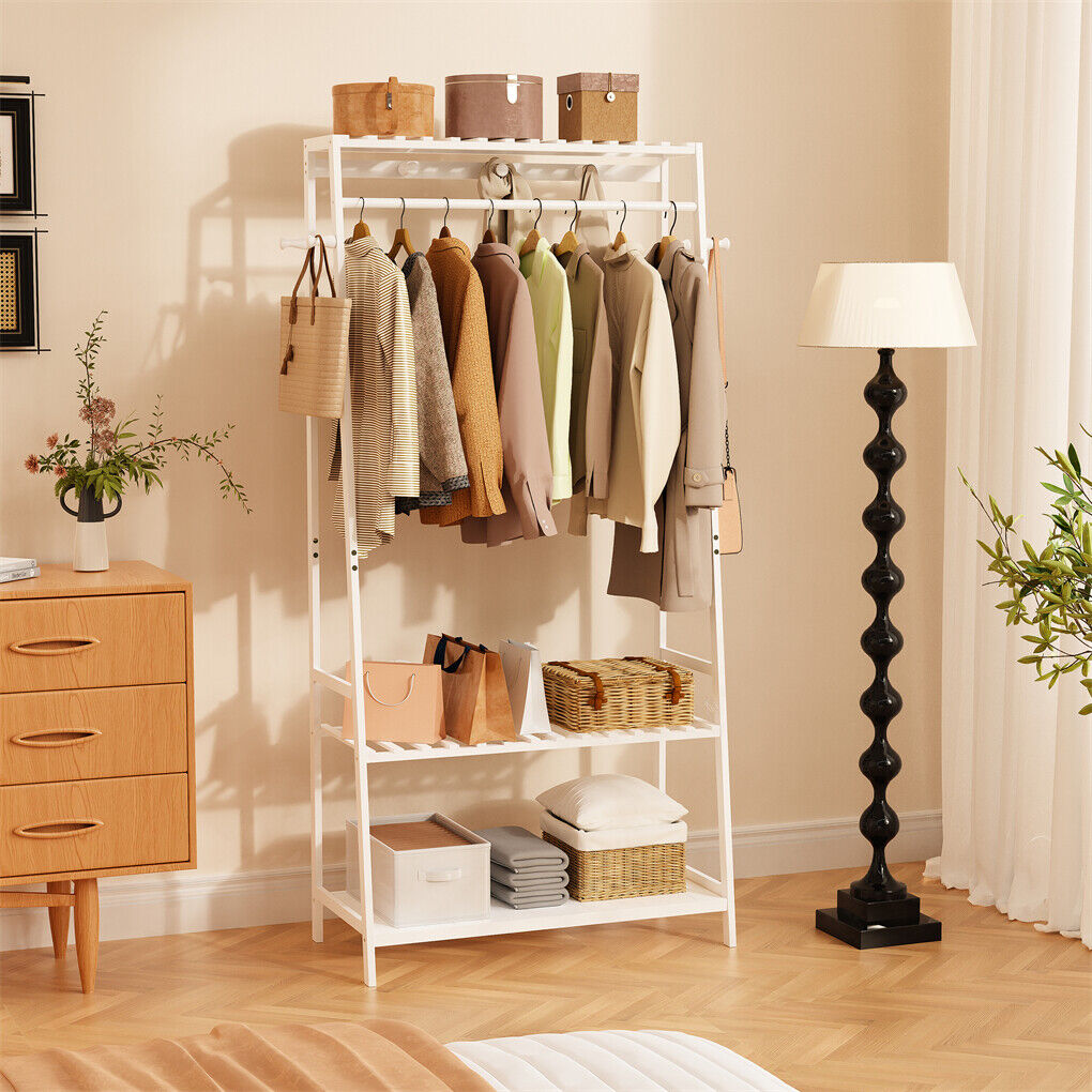 Large White Bamboo Garment Clothes Rack Shoes Coats Shelf w/ 3 Shelves & 10 Hook