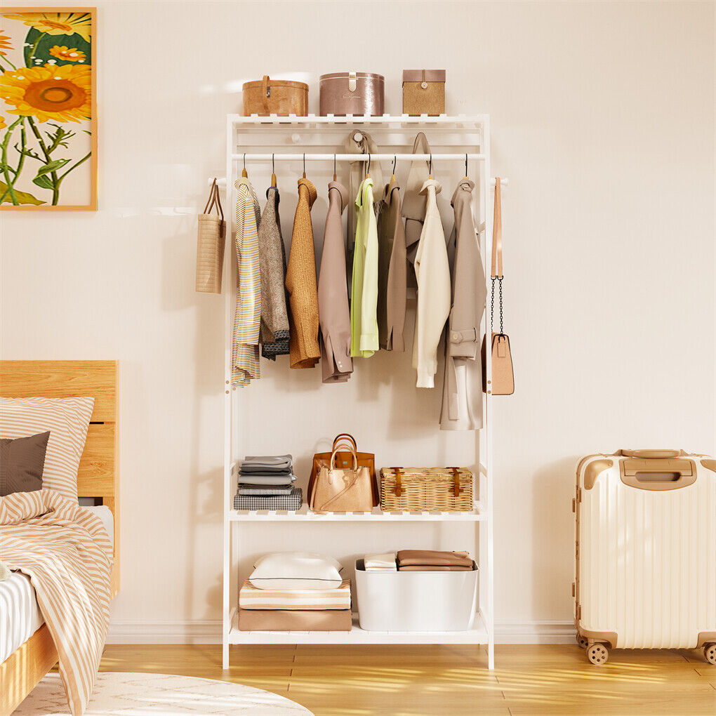 Large White Bamboo Garment Clothes Rack Shoes Coats Shelf w/ 3 Shelves & 10 Hook