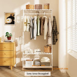 Large White Bamboo Garment Clothes Rack Shoes Coats Shelf w/ 3 Shelves & 10 Hook