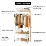 Large White Bamboo Garment Clothes Rack Shoes Coats Shelf w/ 3 Shelves & 10 Hook
