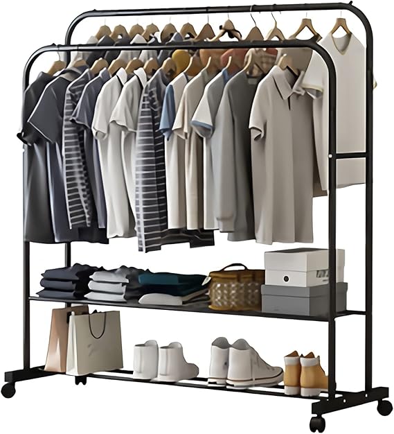 Heavy Thicken Metal Double Clothes Rail Sturdy Open Hanging Shelf Storage Rack