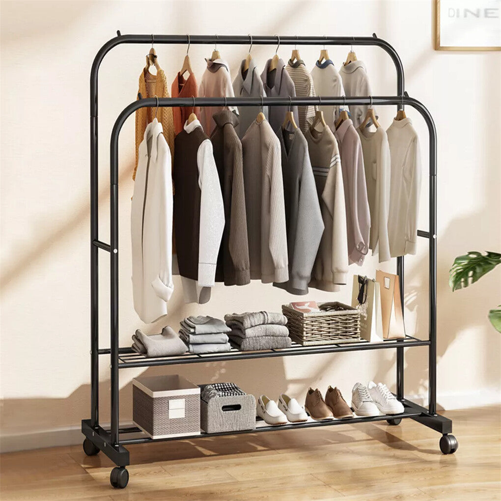 Heavy Thicken Metal Double Clothes Rail Sturdy Open Hanging Shelf Storage Rack
