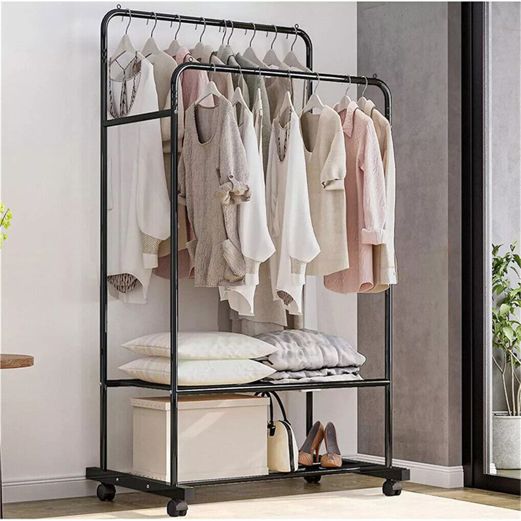 Heavy Thicken Metal Double Clothes Rail Sturdy Open Hanging Shelf Storage Rack