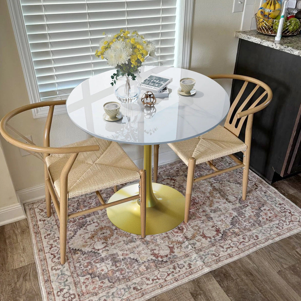 Round Real Stone Dining Table Anti-Scratch Easy Clean Table for Small Condo