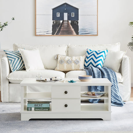 Margaux White Coastal Style Coffee Table with Drawers