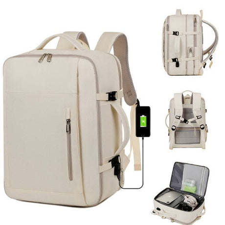 Beige Expandable Backpack with USB Port - Multi-Functional Outdoor, Commuter & Laptop Bag